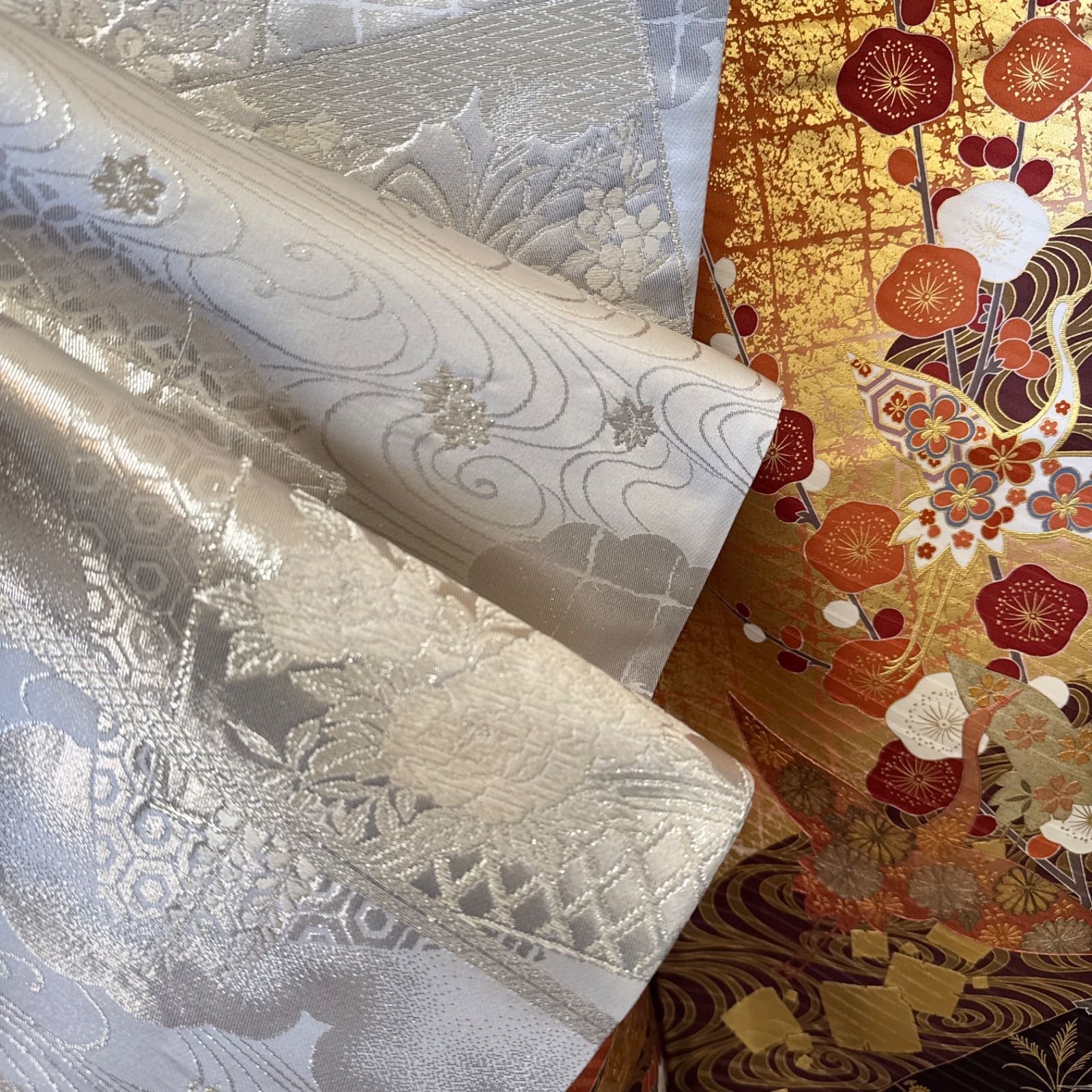 豪華振袖セット(4点)・袋帯・半衿・重ね衿・古典柄・舞桜・飛鶴・梅