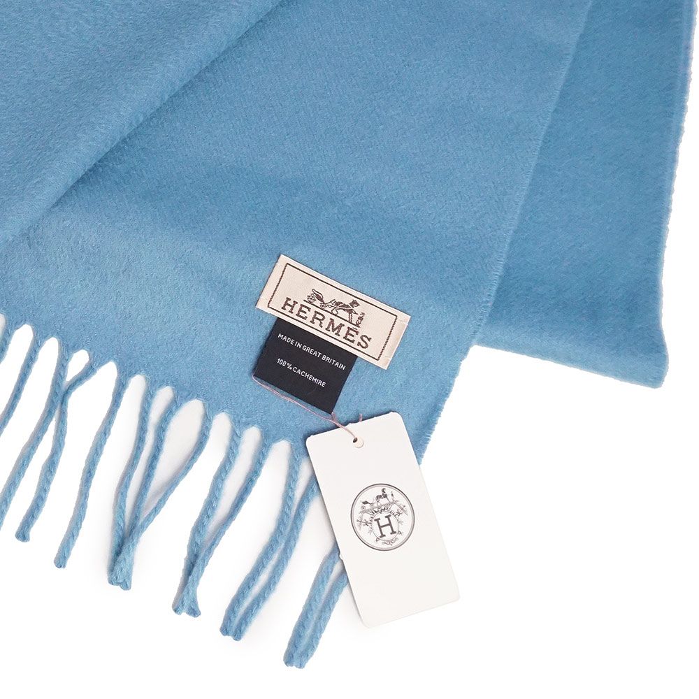 エルメス ユニ ブロデ カシミヤ 100％ ライトブルー フリンジ マフラー
