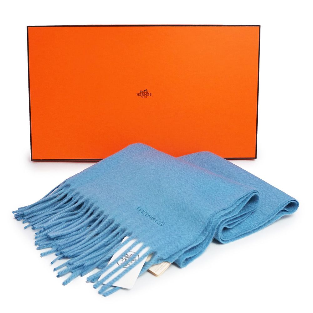 エルメス ユニ ブロデ カシミヤ 100％ ライトブルー フリンジ マフラー