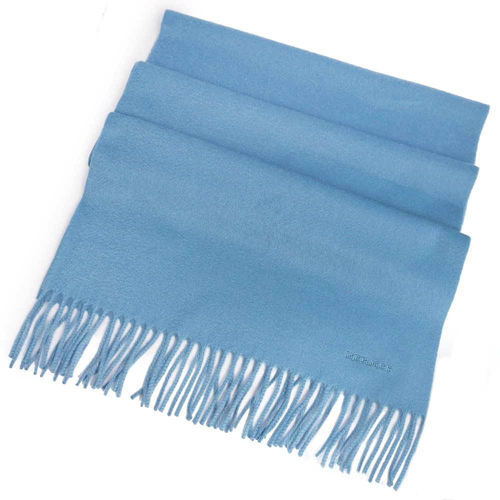 エルメス ユニ ブロデ カシミヤ 100％ ライトブルー フリンジ マフラー