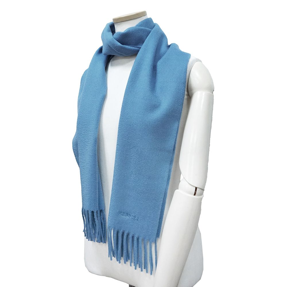 エルメス ユニ ブロデ カシミヤ 100％ ライトブルー フリンジ マフラー