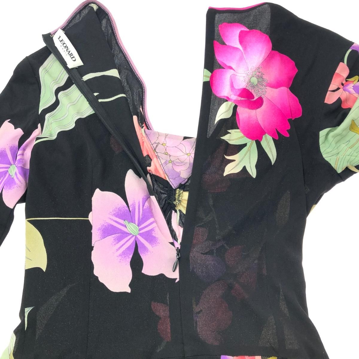 レオナール ワンピース ( 38 サイズ ) 長袖 花柄 きれい ブラック LEONARD レオナール 長袖ワンピース サイズ:38 メインライン/花柄