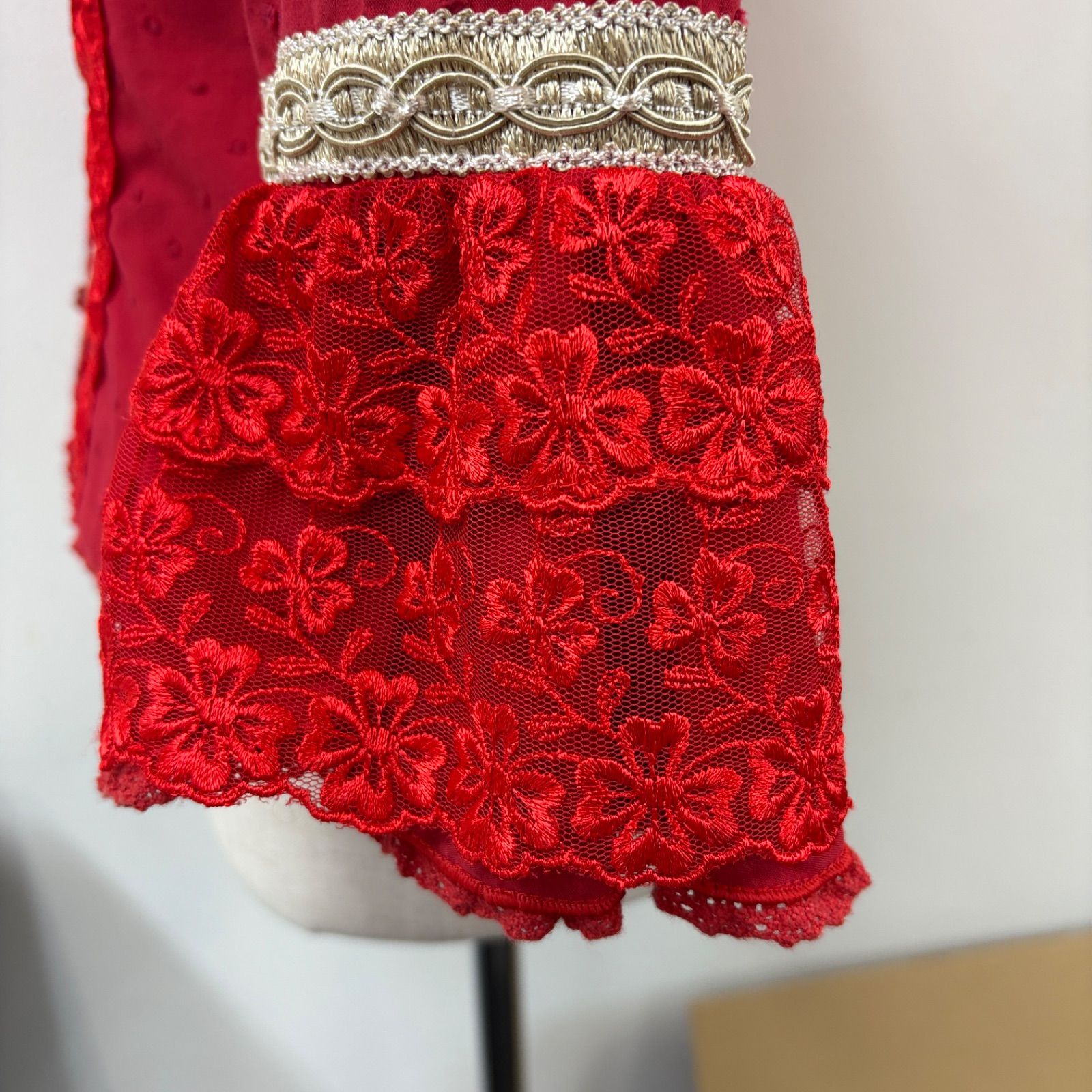 ソニアジョーンズ】フラメンコ衣装 トップス 赤 ドット 七分袖 袖