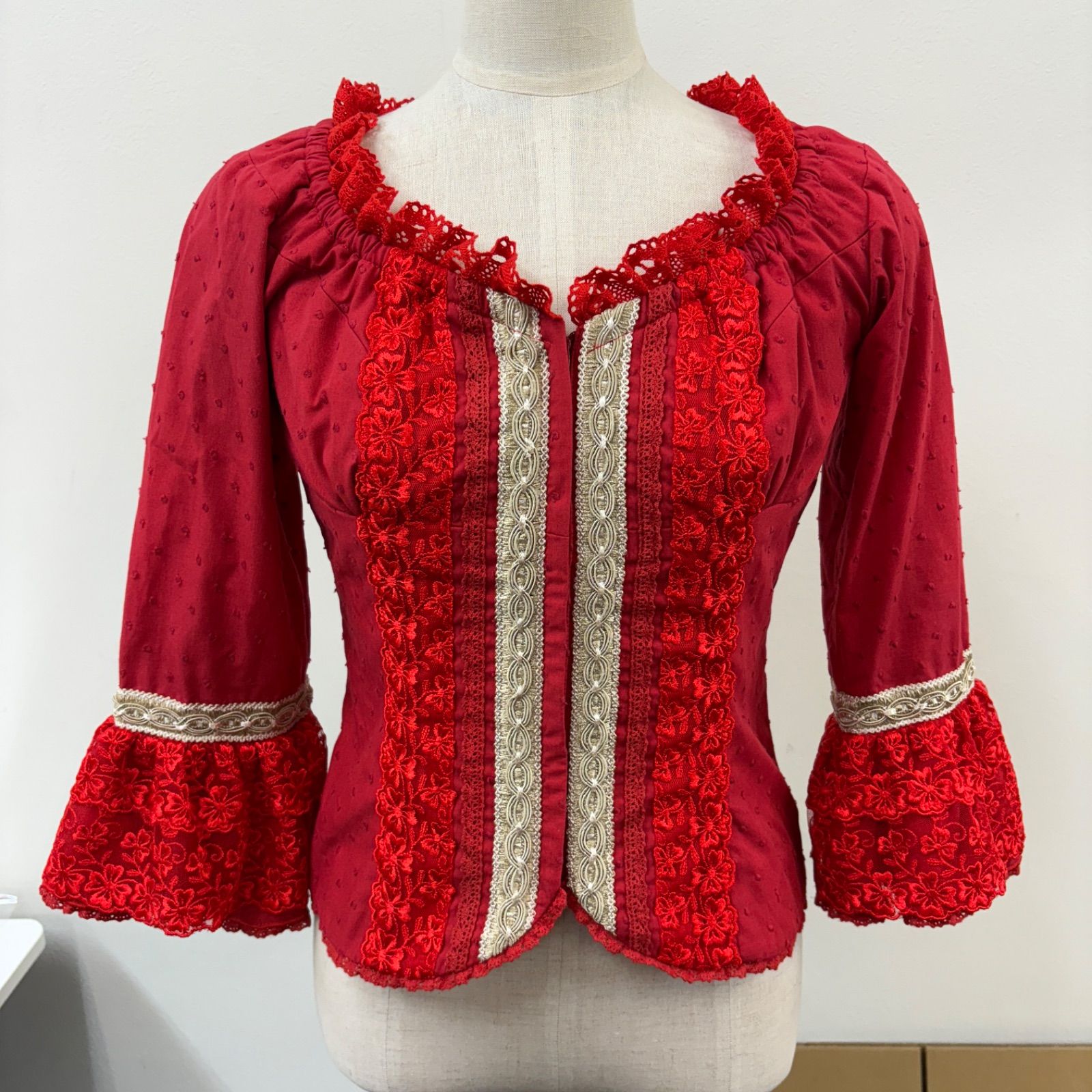 ソニアジョーンズ】フラメンコ衣装 トップス 赤 ドット 七分袖 袖