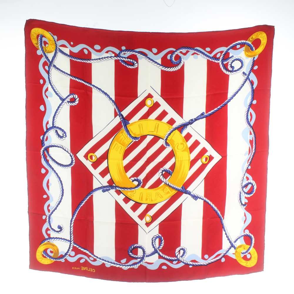 CELINE セリーヌ　シルク　大判スカーフ　ロゴ セリーヌ CELINE スカーフ 大判 絹 シルク ストライプ ロゴ 総柄 赤