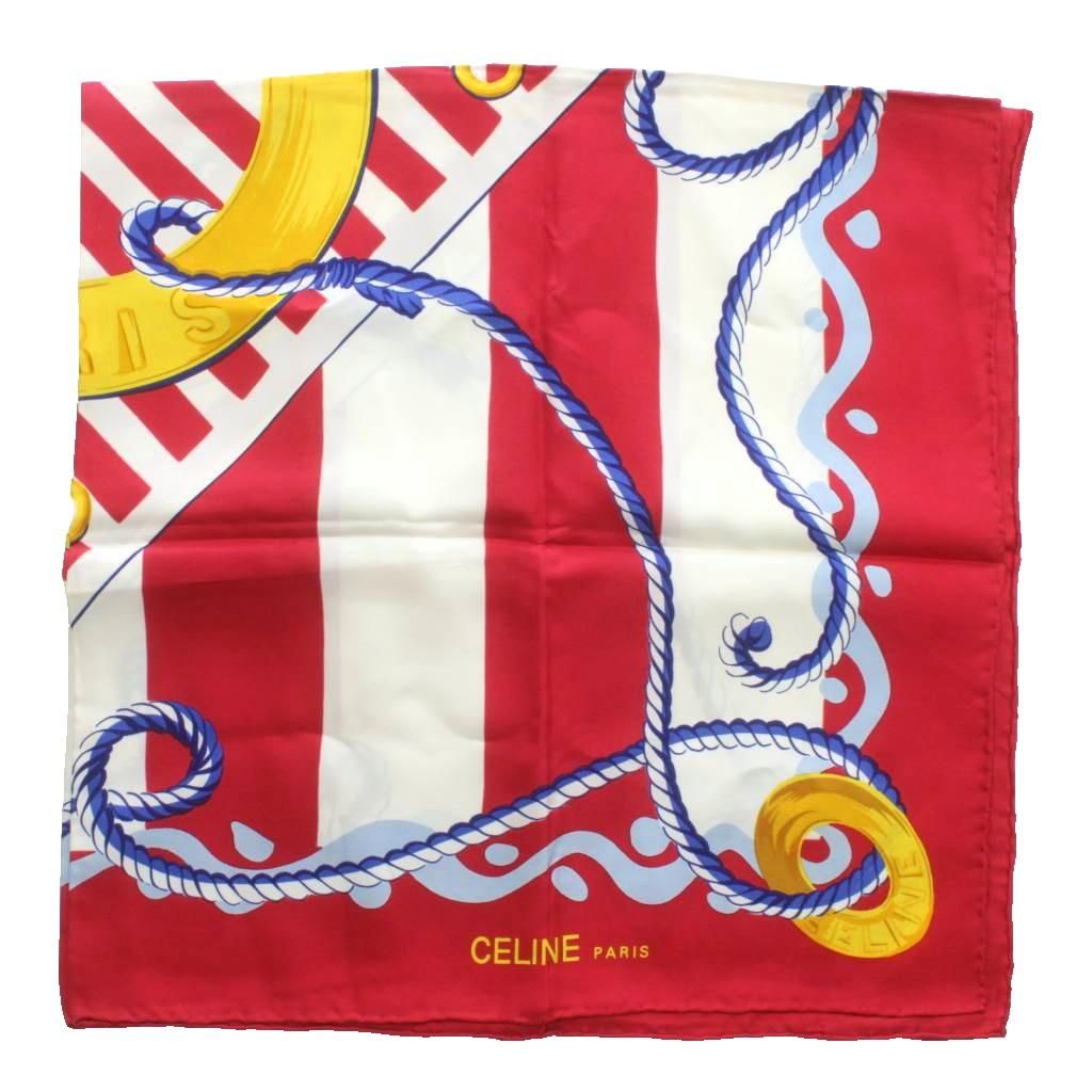 セリーヌ CELINE スカーフ 大判 絹 シルク ストライプ ロゴ 総柄 赤