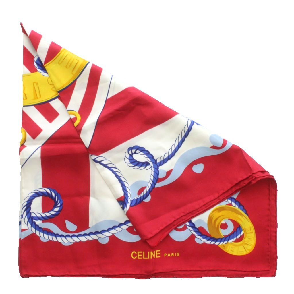 セリーヌ CELINE スカーフ 大判 絹 シルク ストライプ ロゴ 総柄 赤