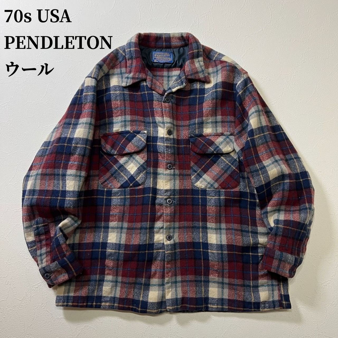 【極美品】 70s PENDLETON 開襟 ボードシャツ チェック USA製 PENDLETON 70s ボードシャツ 開襟シャツ ネイビーチェック L古着