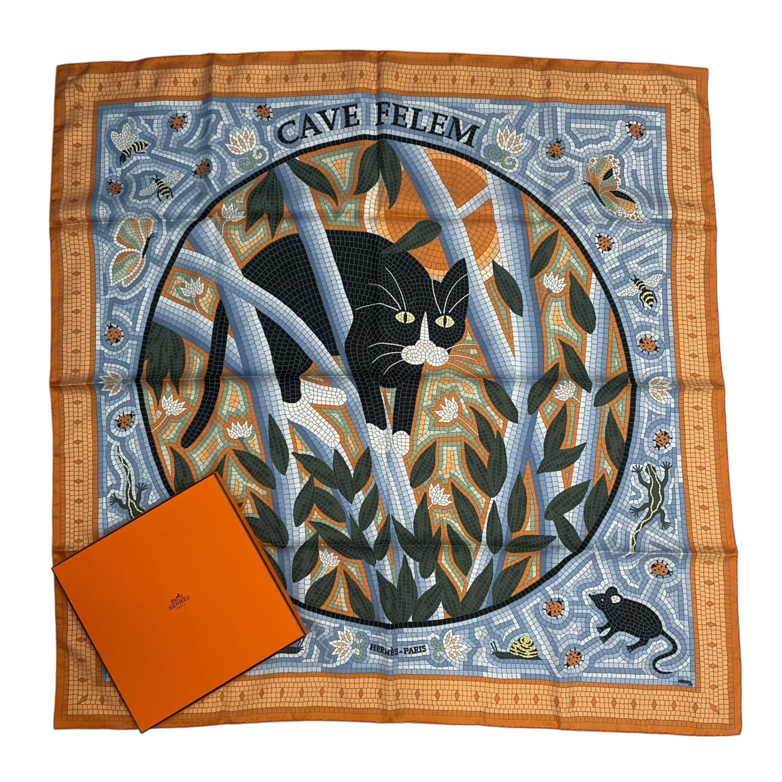 新品同様 HERMES エルメス カレ90 CAVE FELEM 猫に注意 スカーフ