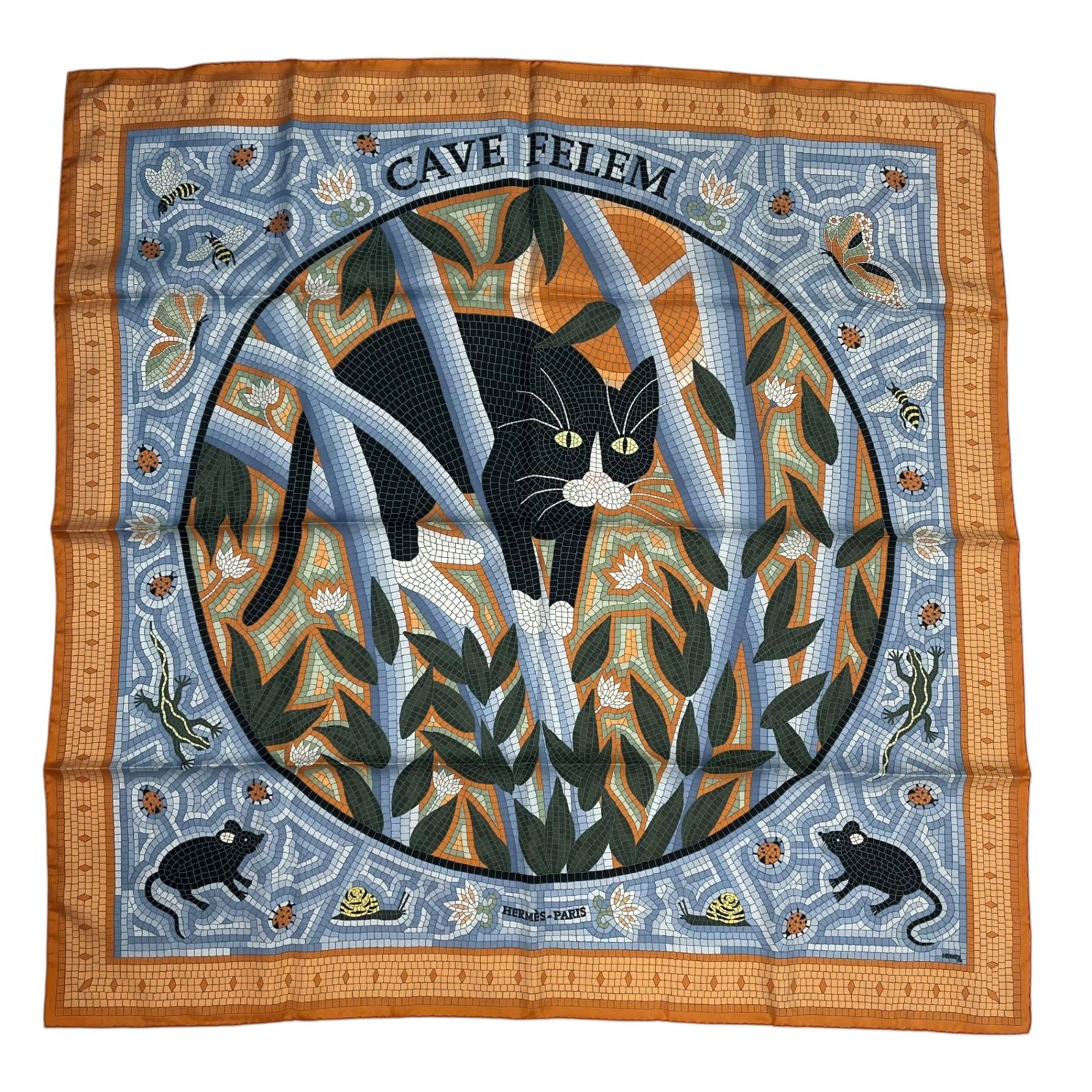 新品同様 HERMES エルメス カレ90 CAVE FELEM 猫に注意 スカーフ