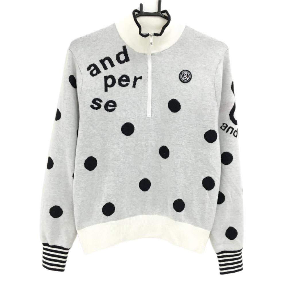 アンパスィ セーター 白×ネイビー ドット ロゴワッペン ハーフジップ