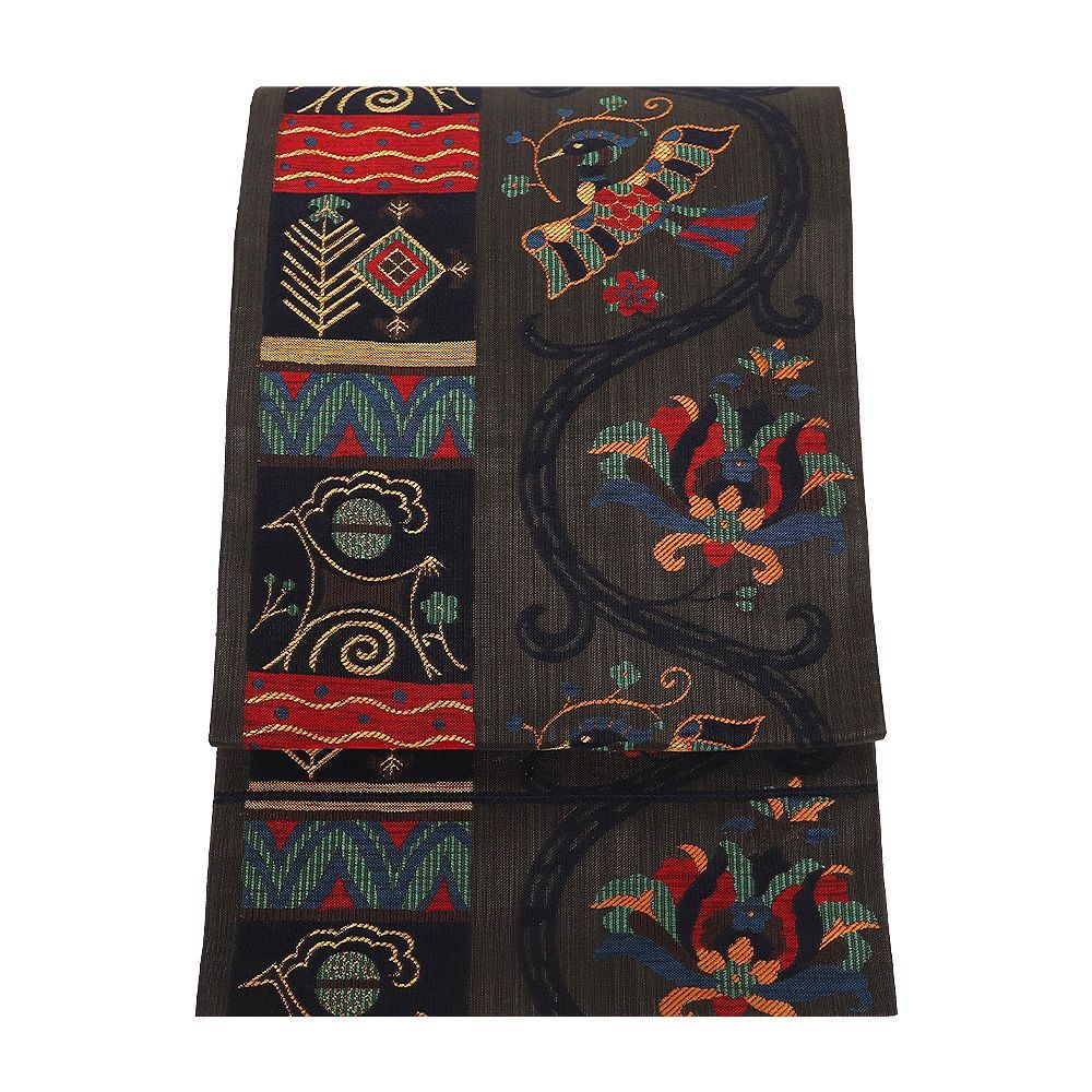 袋帯 正絹 濃い緑 花喰鳥 唐花 鹿 大王松 Lサイズ F8548 未使用品