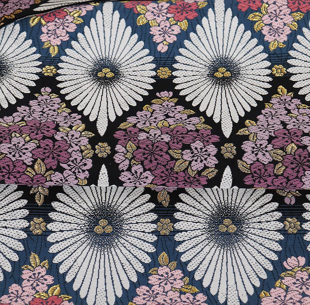 袋帯 正絹 黒 エメラルドグリーン 松 桜 花菱文 Lサイズ F8552 未使用