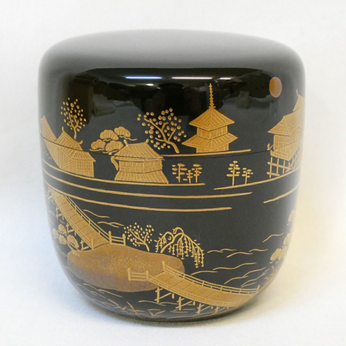 内銀溜】加賀蒔絵師 長谷川良斎作 近江八景蒔絵 黒 大棗 良斉 茶道具