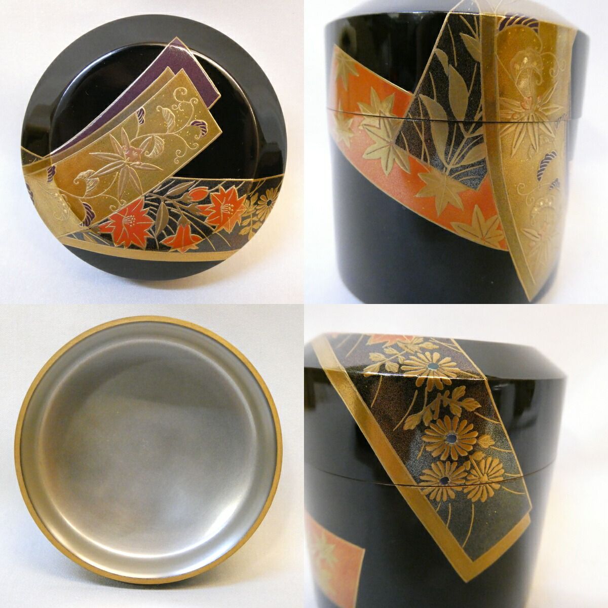 内銀地】山中塗 細川司光作 短冊 秋草蒔絵 雪吹 茶器 棗 茶道具【中古