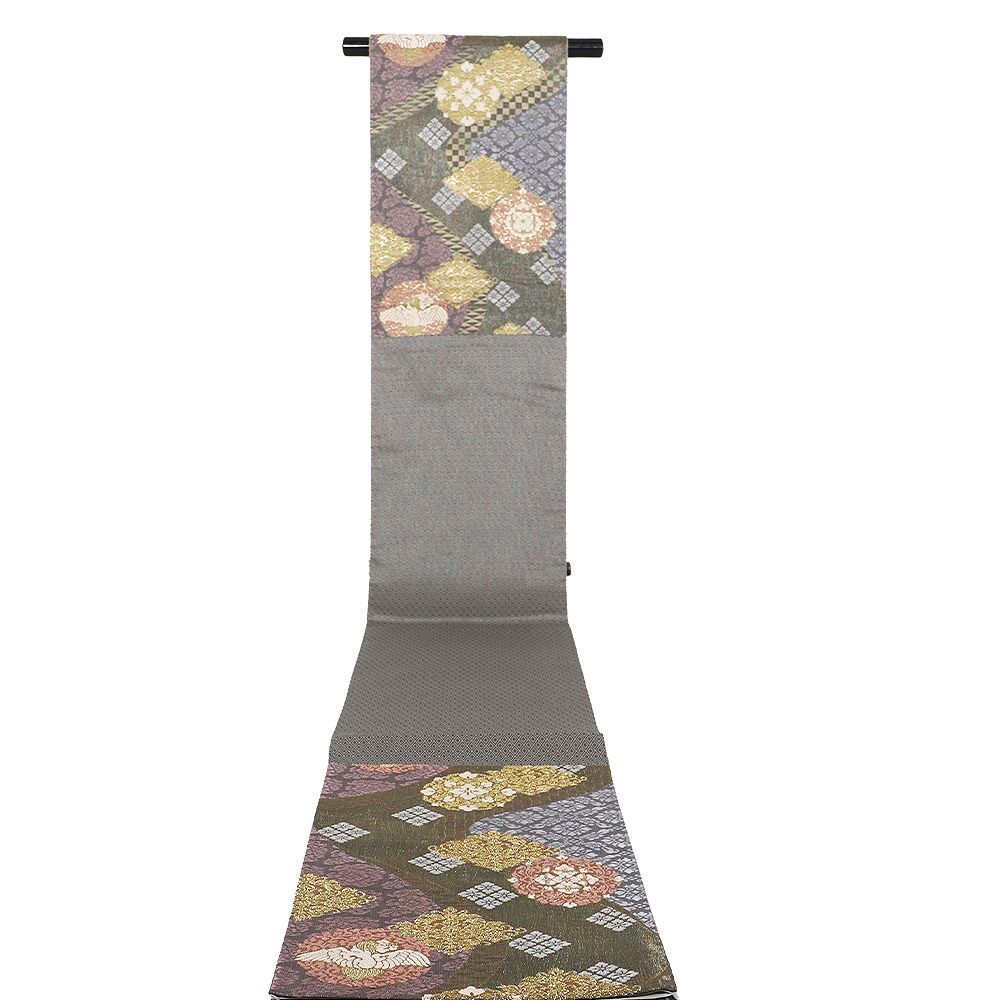 袋帯 正絹 流水取正倉院華文 すくい織 金 紫 緑 唐織 花喰鳥 唐花 華文