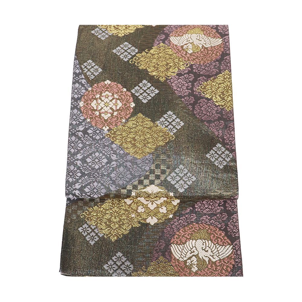 袋帯 正絹 流水取正倉院華文 すくい織 金 紫 緑 唐織 花喰鳥 唐花 華文