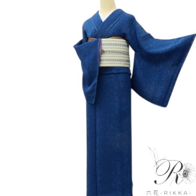 小紋　フルセット　着物　トールサイズ　正絹　ブルー　花　J8 小紋 洗える着物 ブルーグレー系 辻ヶ花 トールサイズ カジュアル