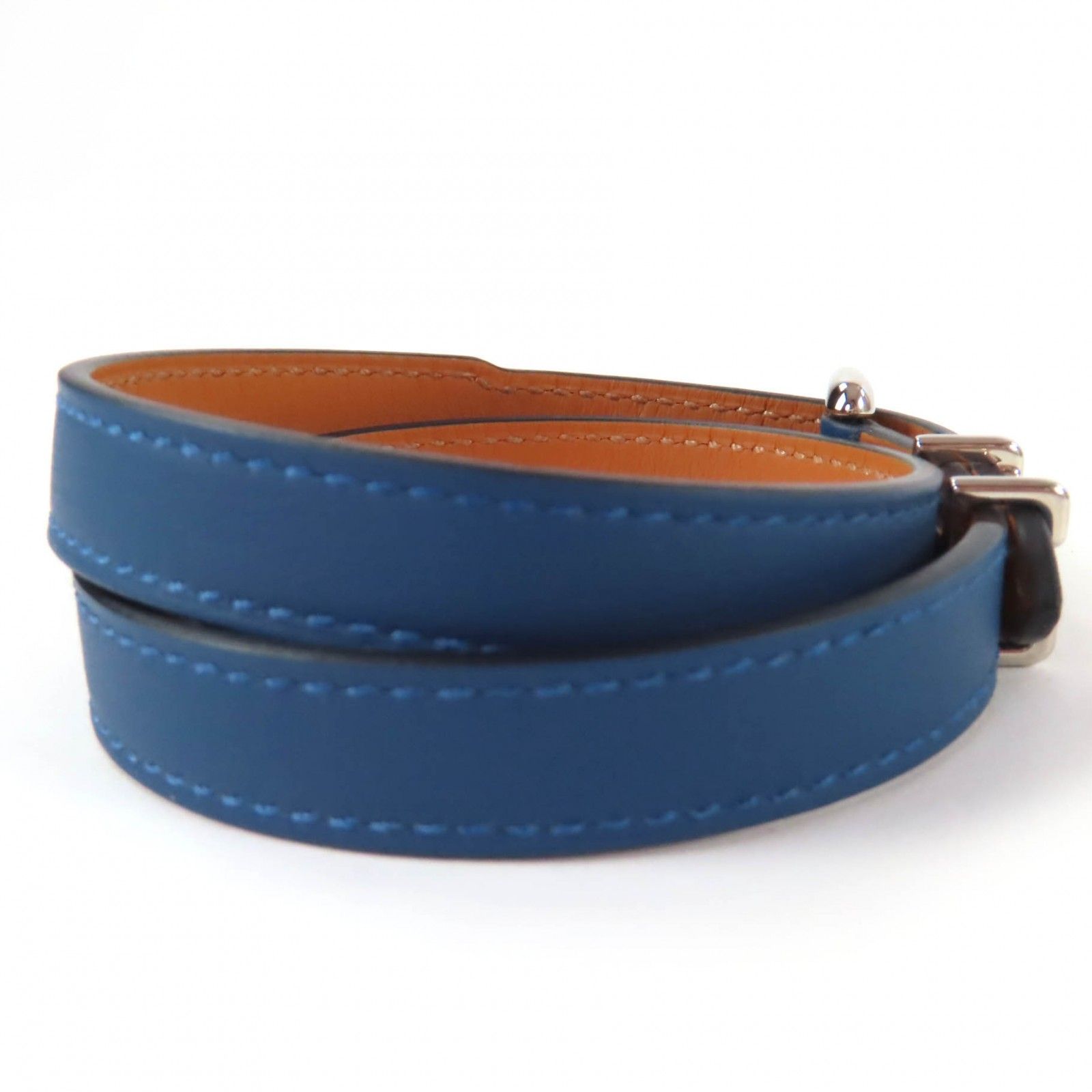 HERMES ネイビー レザー バングル レザーブレスレット 《ルリ》 ドゥブルトゥール - ブルー | Hermès