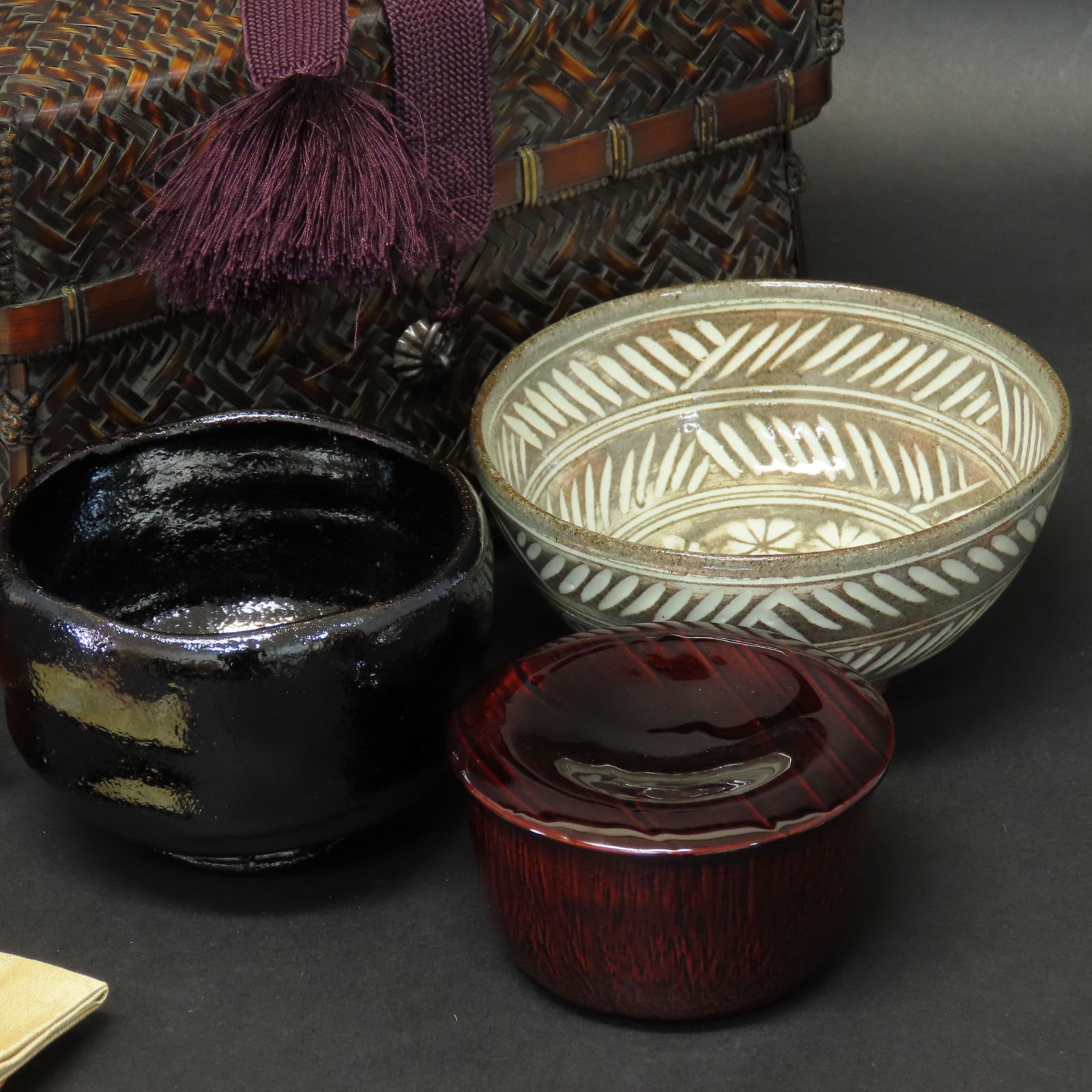 02s82 竹器師 竹山 真作保証 御所篭 茶籠 茶道具 在銘 共箱/茶箱 三島