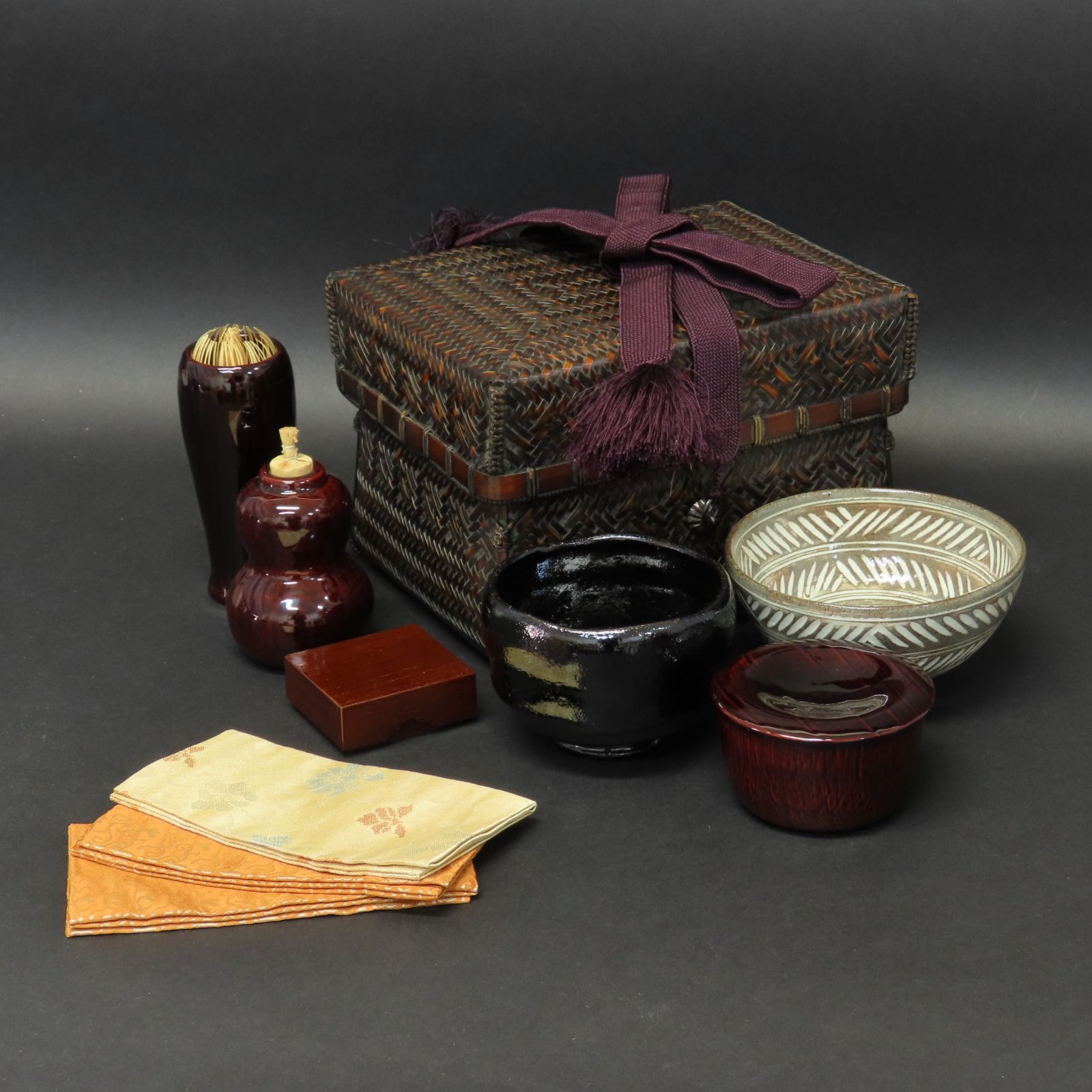 02s82 竹器師 竹山 真作保証 御所篭 茶籠 茶道具 在銘 共箱/茶箱 三島