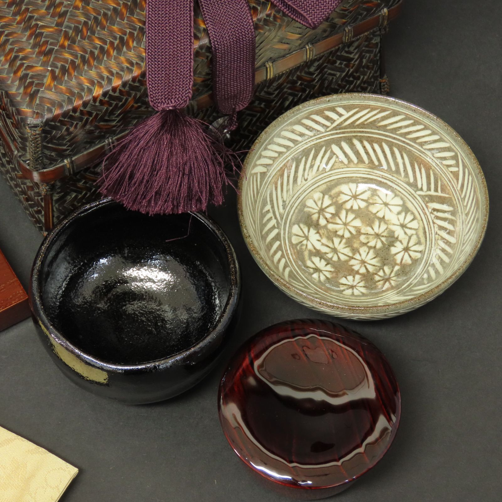 02s82 竹器師 竹山 真作保証 御所篭 茶籠 茶道具 在銘 共箱/茶箱 三島