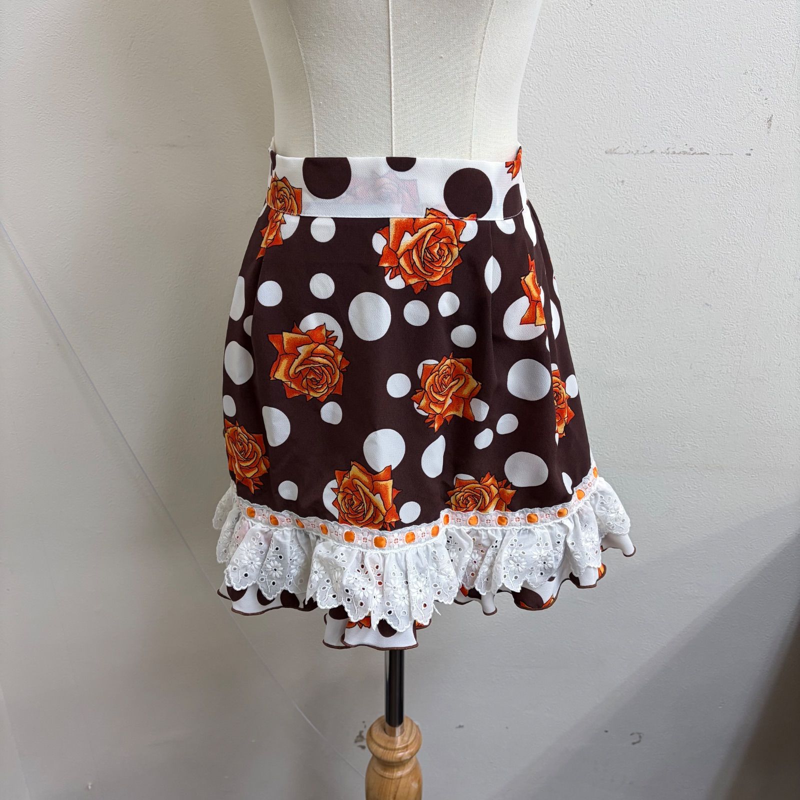 フラメンコ衣装 エプロン ブラウン ホワイト バラ ドット レース