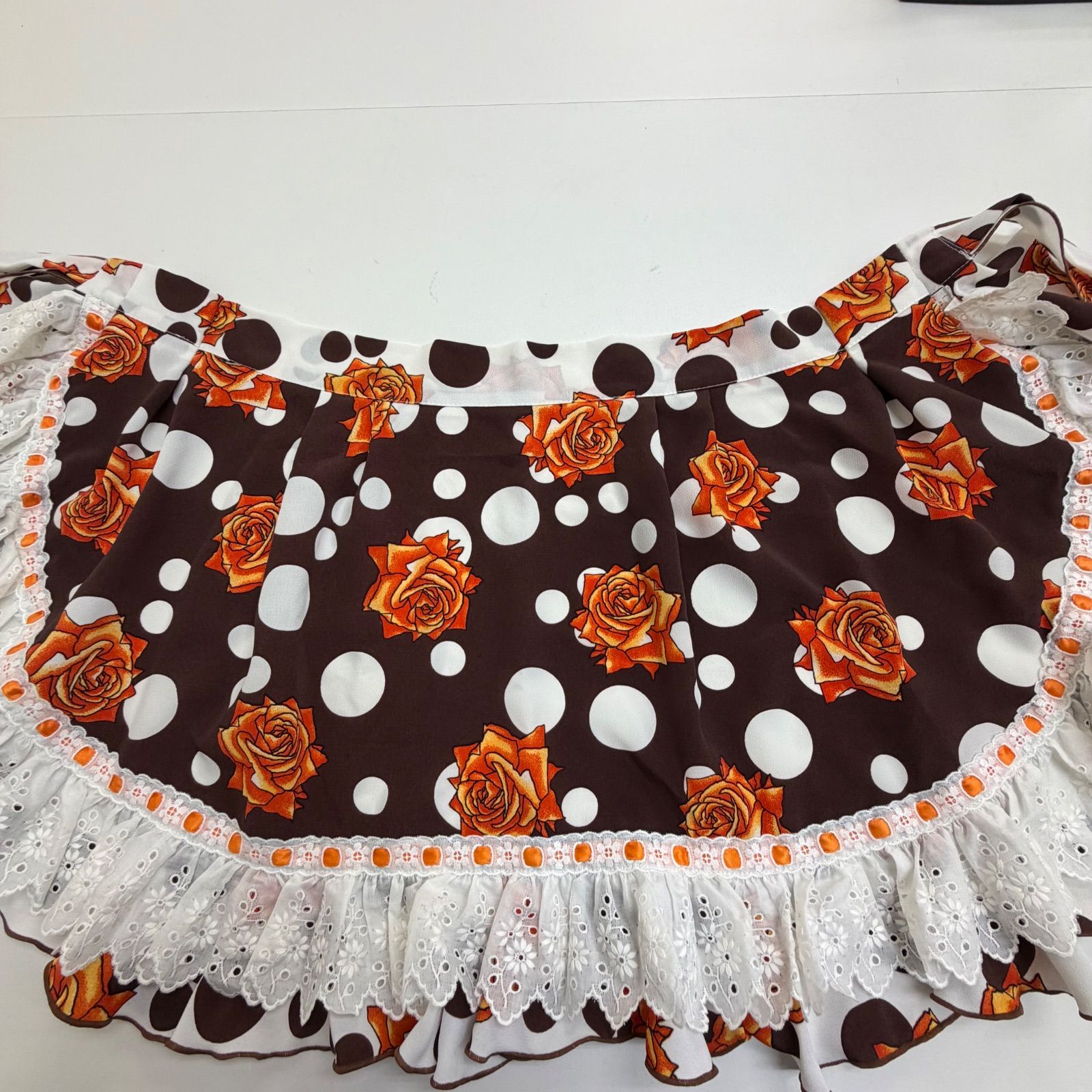 フラメンコ衣装 エプロン ブラウン ホワイト バラ ドット レース