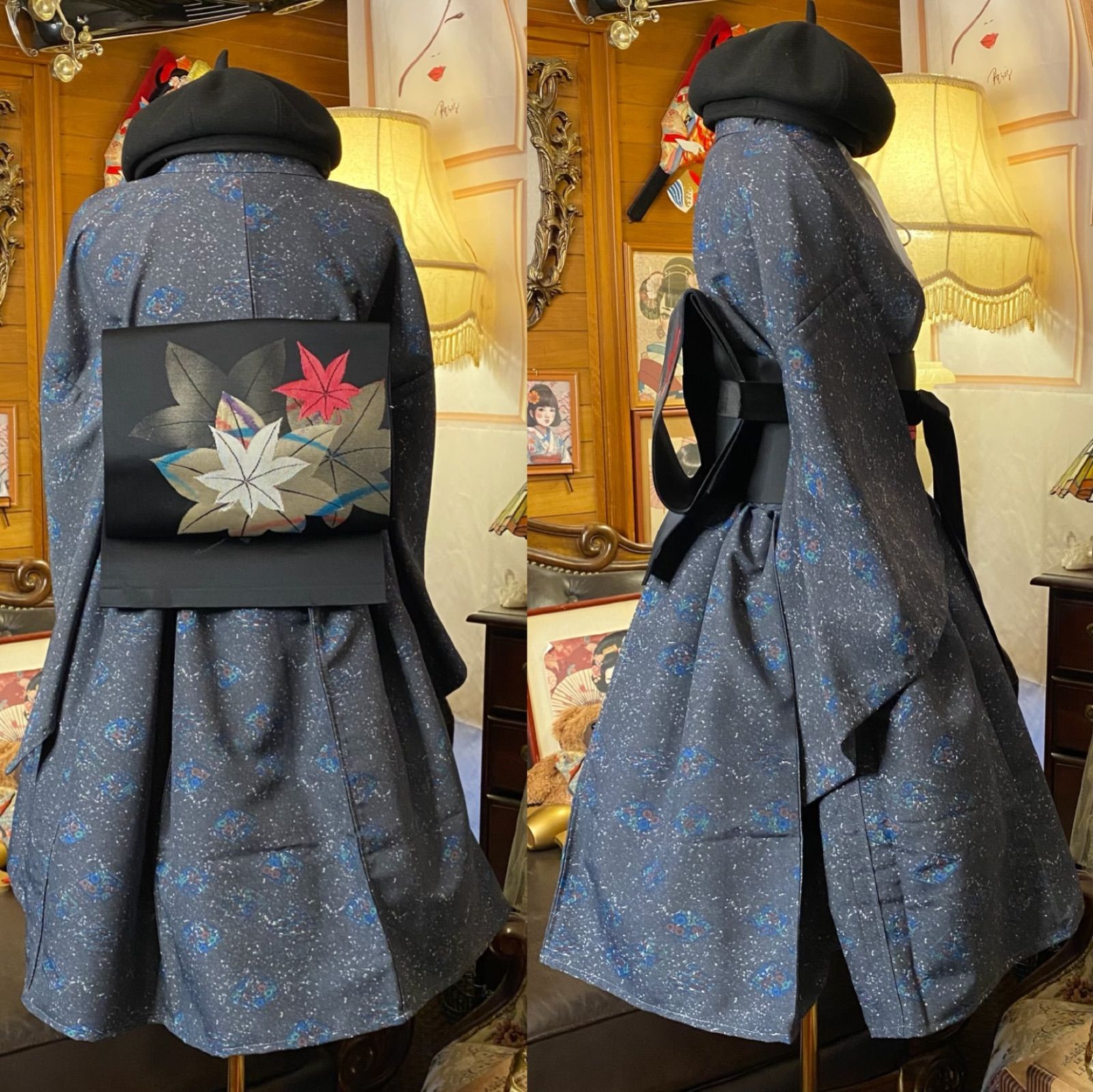 着物 ミニ丈 ワンピース ドレス 和ロリ 2部式作り帯 名古屋帯 お太鼓 