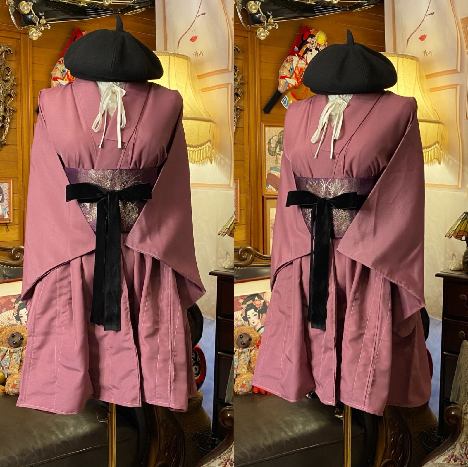 色無地着物 ミニ丈 ワンピース ドレス 和ロリ 2部式作り帯 名古屋帯 