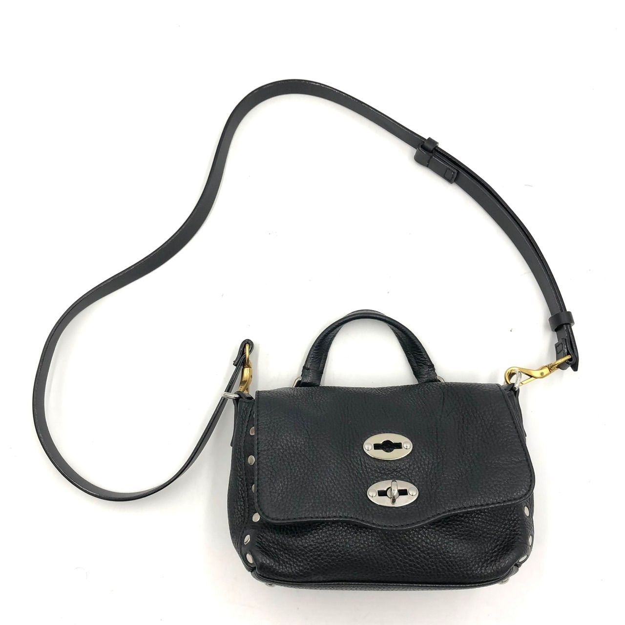 美品✨ ザネラート ポスティーナ 2way ショルダー スタッズ シボ革 グレー ザネラート ポスティーナ スタッズ ショルダーバッグ 2way シボ革