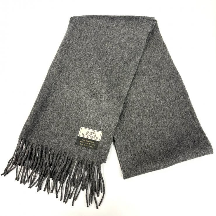 エルメス HERMES カシミヤ100% マフラー グレー スコットランド製