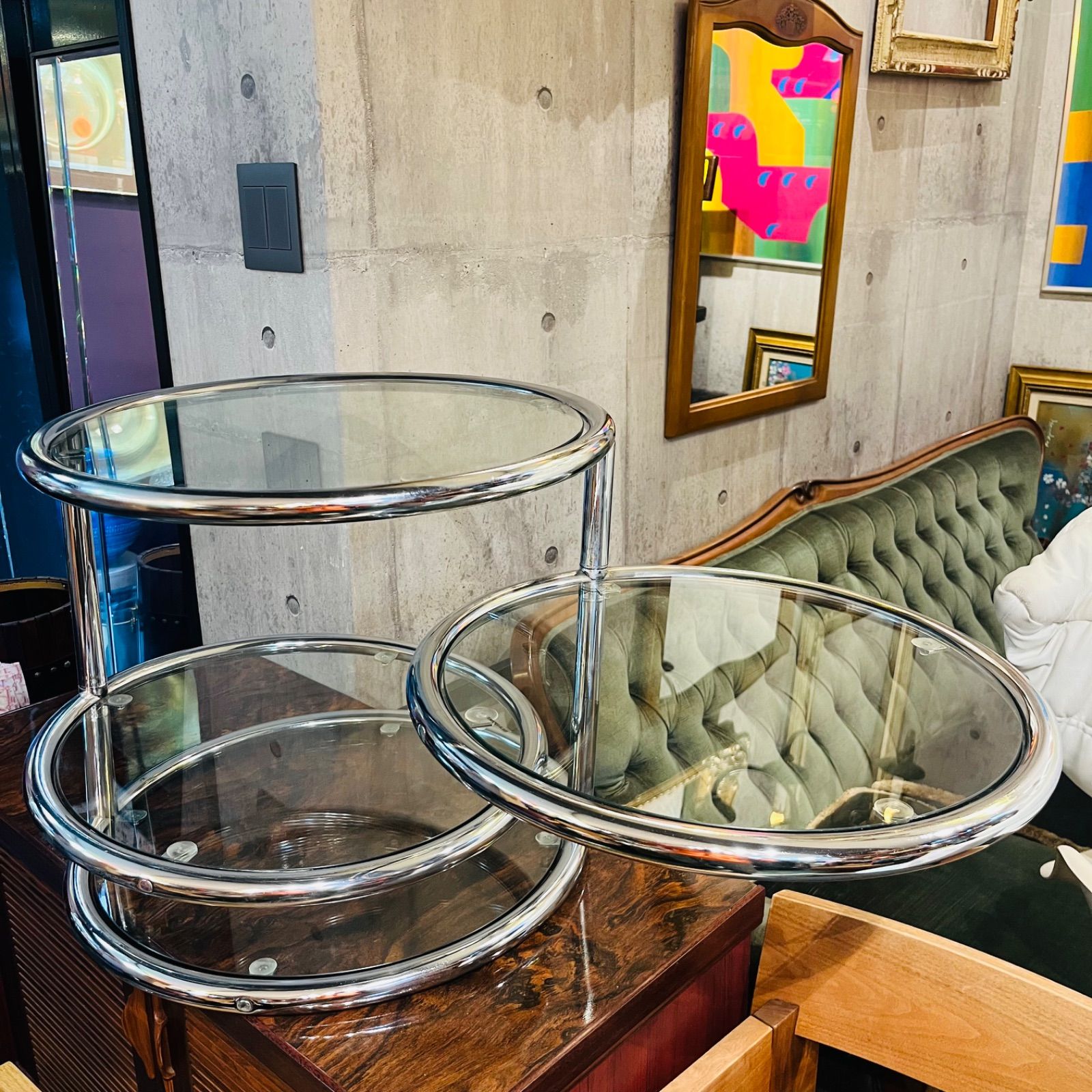 ミッドセンチュリー ラウンドテーブル 4段 TEMPERED GLASS 強化ガラス