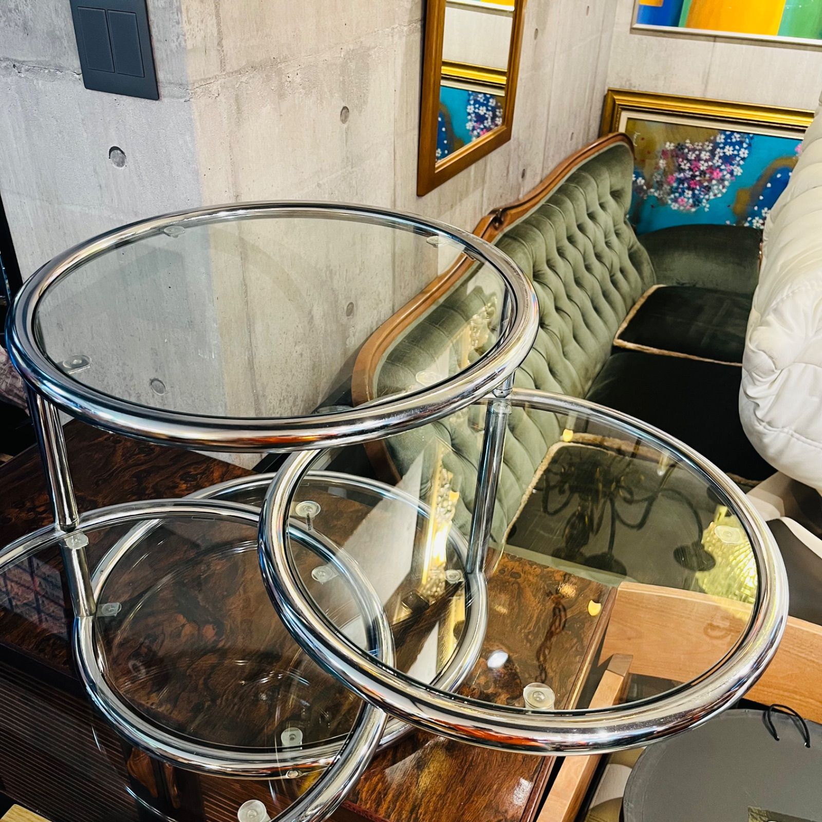 ミッドセンチュリー ラウンドテーブル 4段 TEMPERED GLASS 強化ガラス