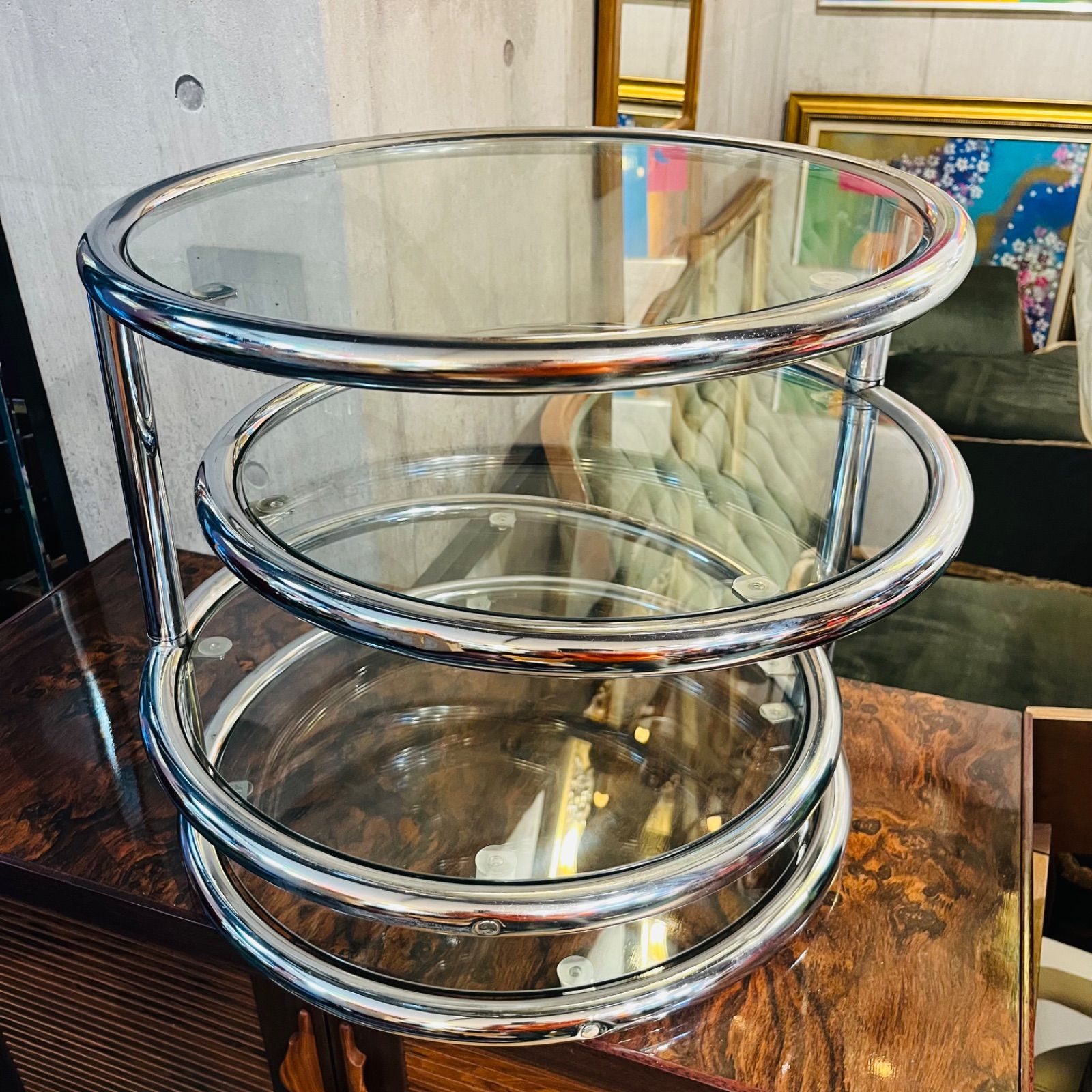 ミッドセンチュリー ラウンドテーブル 4段 TEMPERED GLASS 強化ガラス