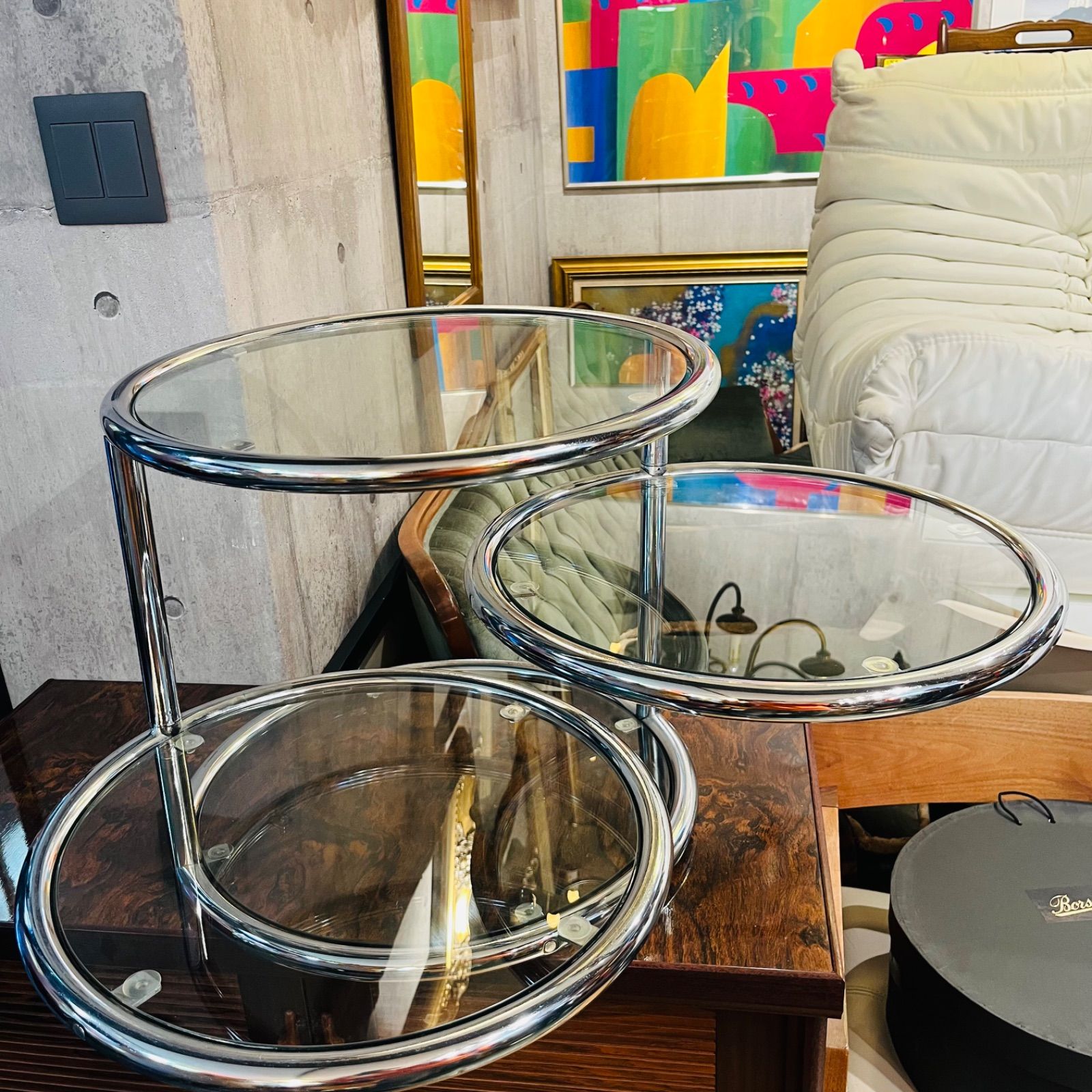 ミッドセンチュリー ラウンドテーブル 4段 TEMPERED GLASS 強化ガラス