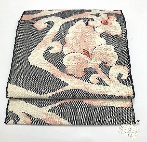 中古】 名古屋帯 正絹 グレー地に唐花文様 八寸 六通柄 最強配送