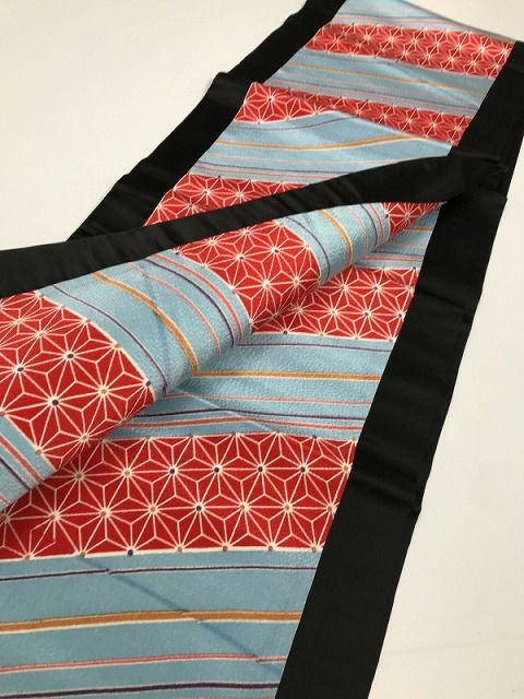 中古】しゃれ袋帯 正絹 黒地に斜め縞模様 切り嵌め 全通柄 洒落袋