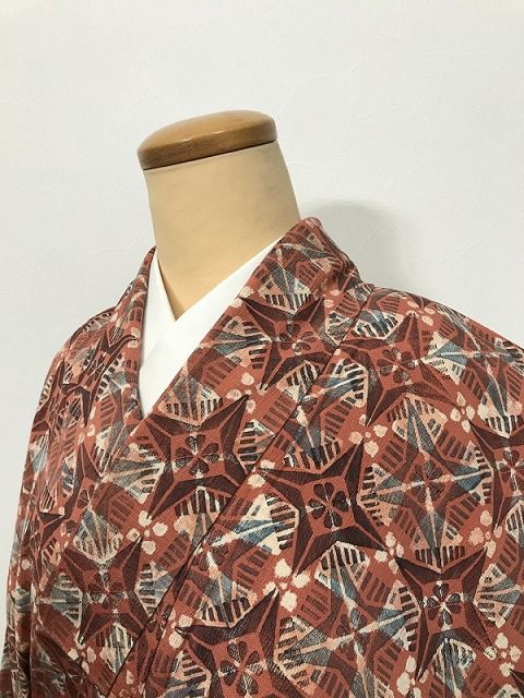 正絹　小紋　花柄　赤茶系　袷 着物 袷 小紋 裄65.5センチ 茶系 レディース 和装 正絹 小紋 花柄 赤茶