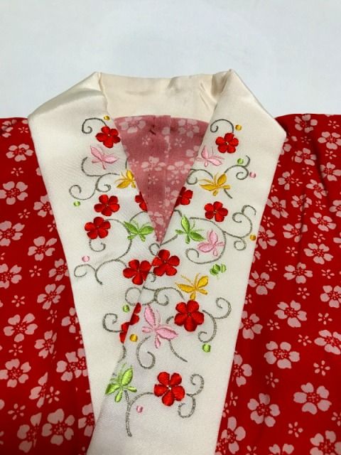 中古】七五三 正絹 7〜11歳女児用 祝い着 着物 長襦袢セット 朱色地に