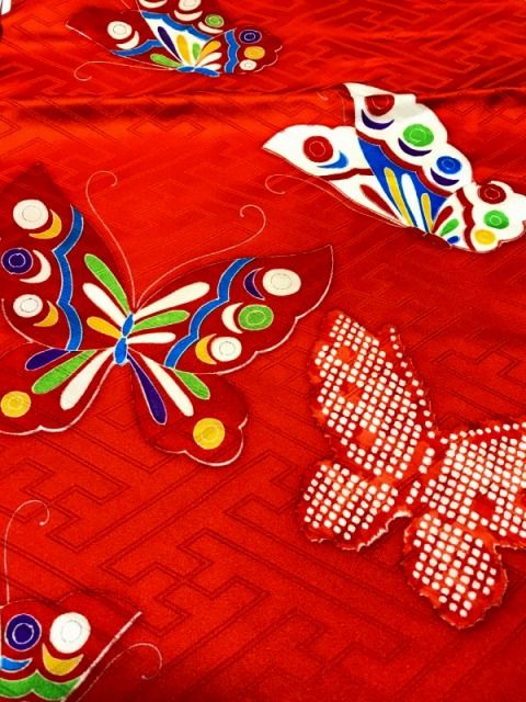 中古】七五三 正絹 7〜11歳女児用 祝い着 着物 長襦袢セット 朱色地に