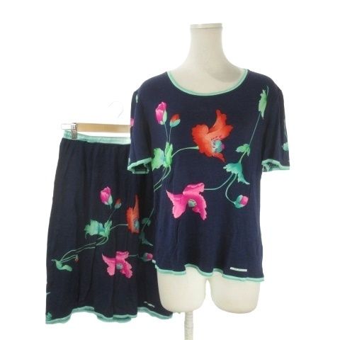 レオナール LEONARD FASHION セットアップ L 紺 ネイビー 花柄 半袖