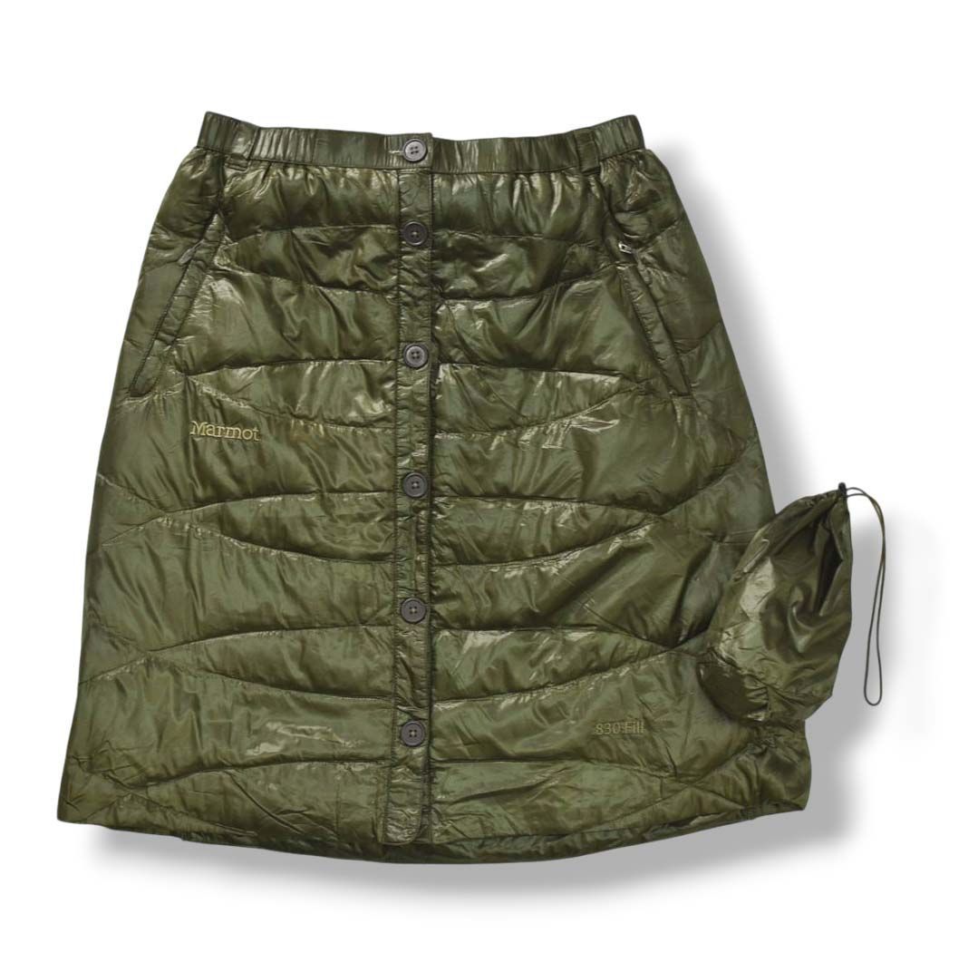 デサント製 マーモット Marmot x ビームス BEAMS 別注 830 Fill キルティング ダウン スカート 収納袋 付属 M オリーブ アウトドア カジュアル ウェア タウンユース レジャー レディース ♪