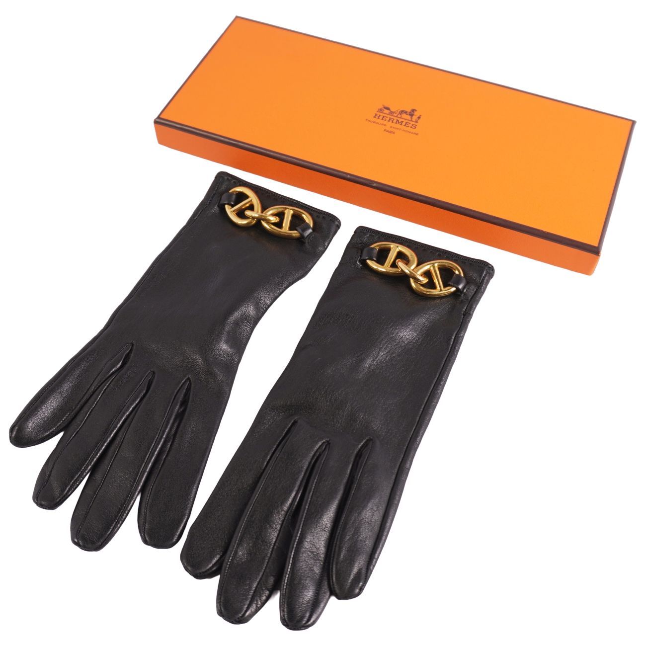 極美品 エルメス HERMES 手袋 グローブ シェーヌダンクル ラムレザー