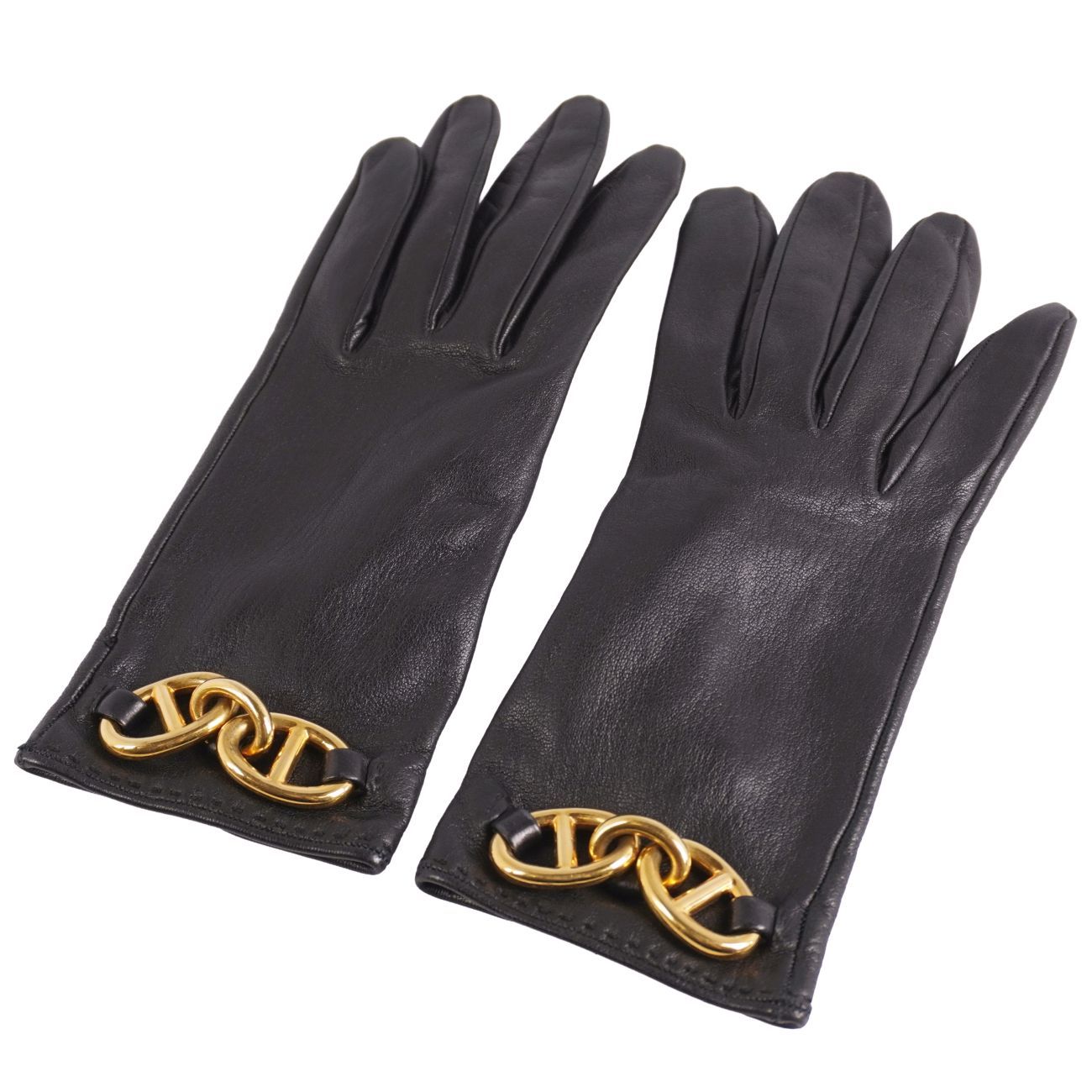 極美品 エルメス HERMES 手袋 グローブ シェーヌダンクル ラムレザー