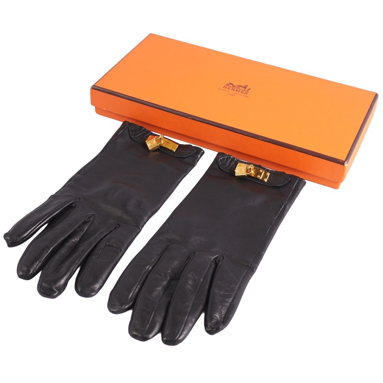 美品 エルメス HERMES 手袋 グローブ ケリー金具 カデナ 南京錠 ラムレ
