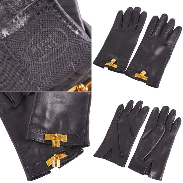 美品 エルメス HERMES 手袋 グローブ ケリー金具 カデナ 南京錠 ラムレ