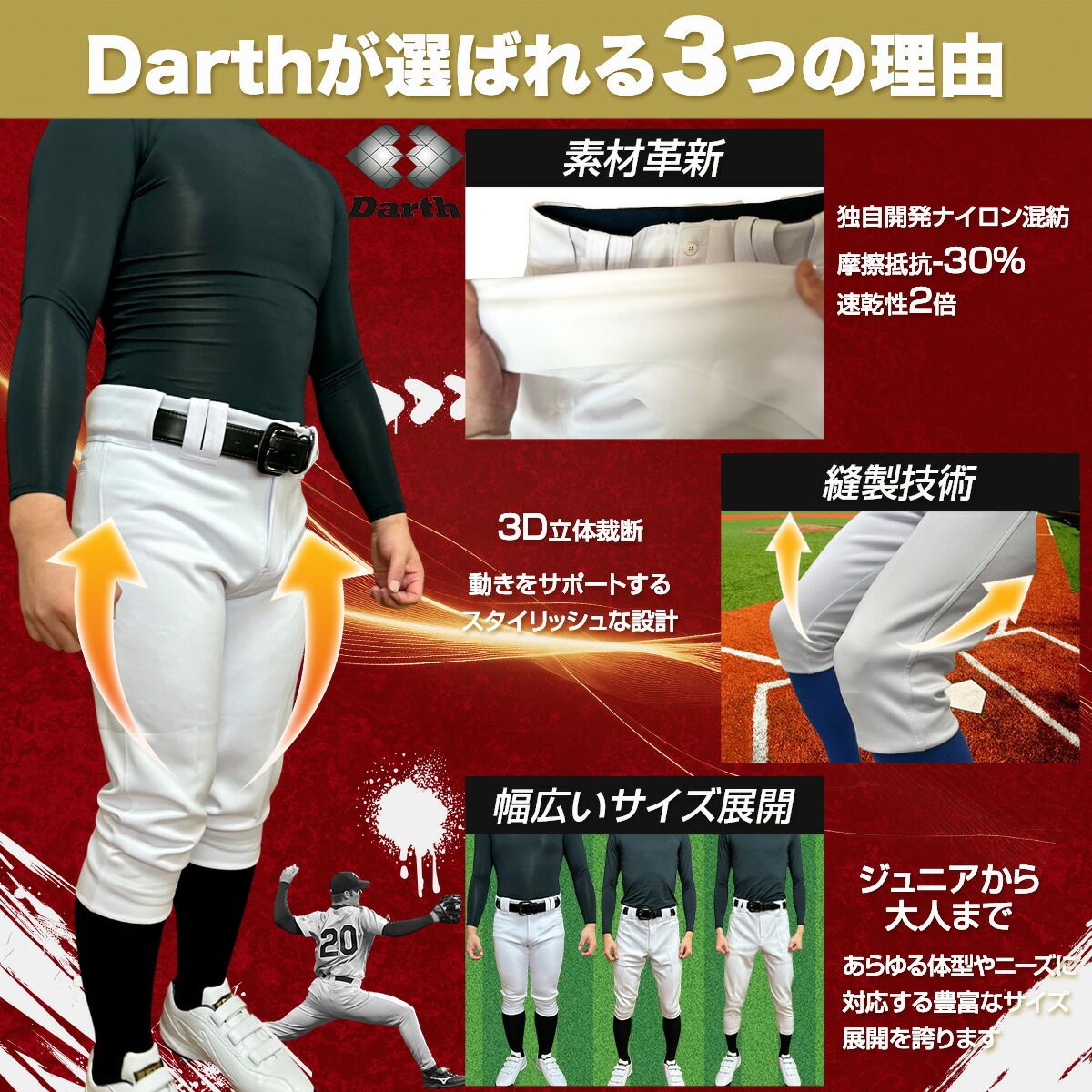 【アクティブーム七分袖×Darthセット】 野球 ユニフォームパンツ 大人 野球練習着ズボン ショートフィット 丈夫 伸びる 野球ウェア 野球ズボン アクティブーム コンフォートインナー セット