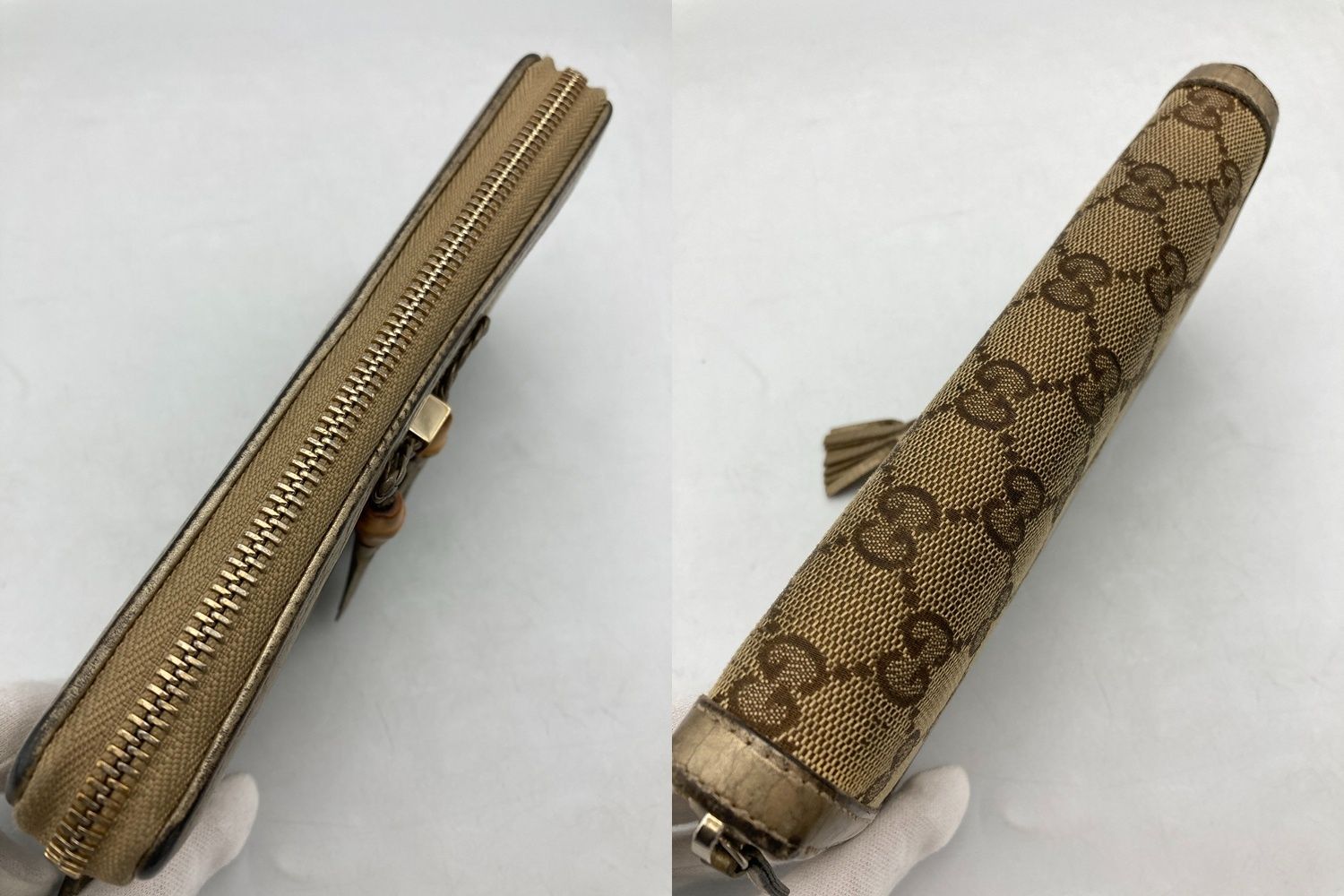 【美品】GUCCI GGキャンバス バンブー タッセル ラウンドジップ 長財布 美品】GUCCI GGキャンバス バンブー タッセル ラウンドジップ 長財布
