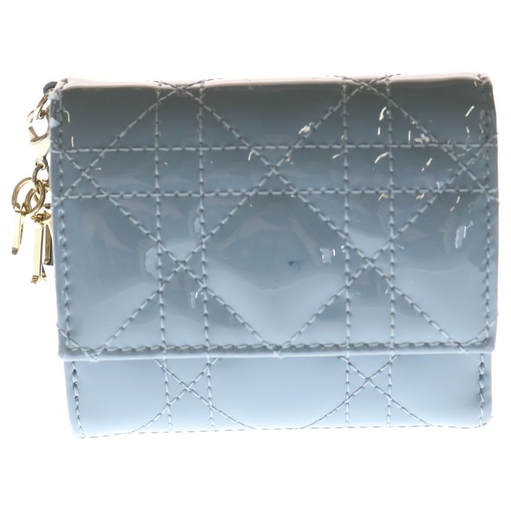 【美品】クリスチャンディオール 三つ折財布 ブルー パテント カナージュ ディオール 三つ折り財布 ロータスウォレット カナージュ パテント